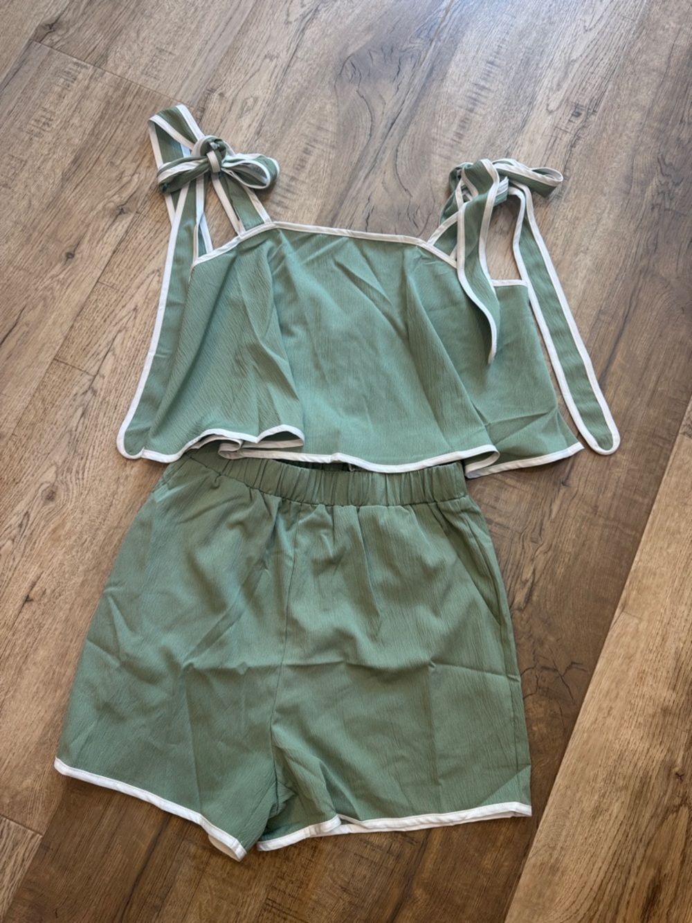 SHEIN Sage Green Two-Piece Tie-Strap Crop Top and Shorts Set
